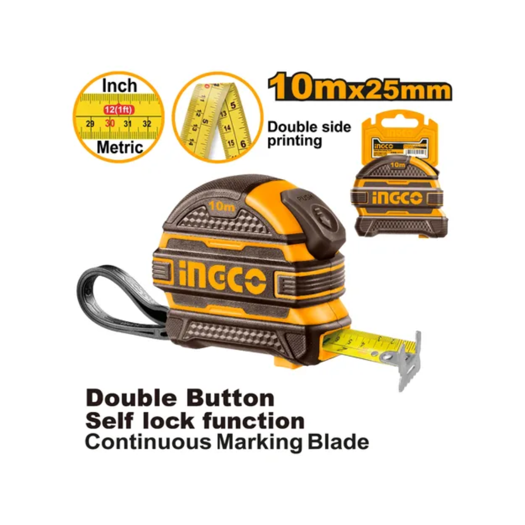 Huincha de medir 10m HSMT081025 extendida en terreno de obra